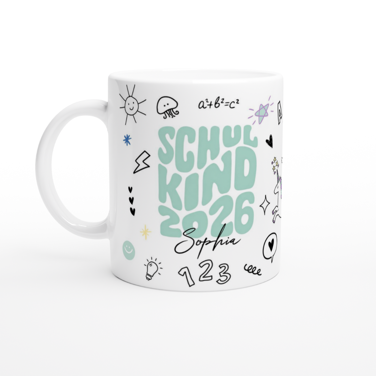 Schulkind Tasse Mint Einhorn mit Name