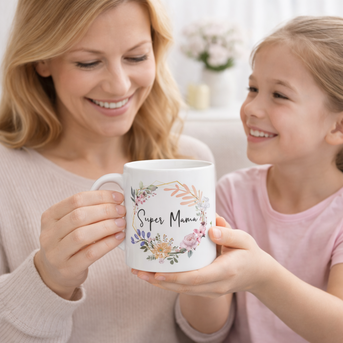 Tasse Super Mama Blumenkranz – 4 Farben