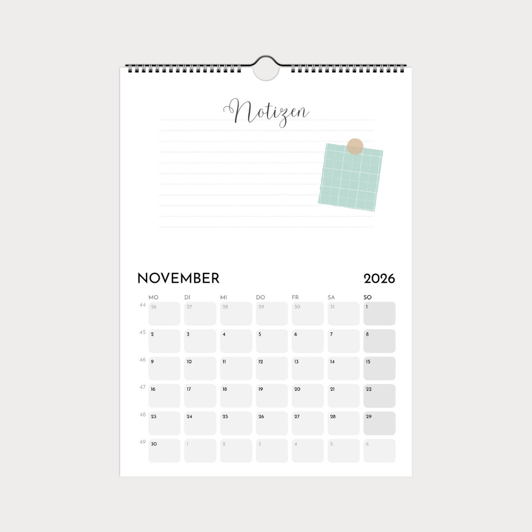 Schlichter Wandkalender  A4 – Schlicht & modern mit viel Platz zum Eintragen