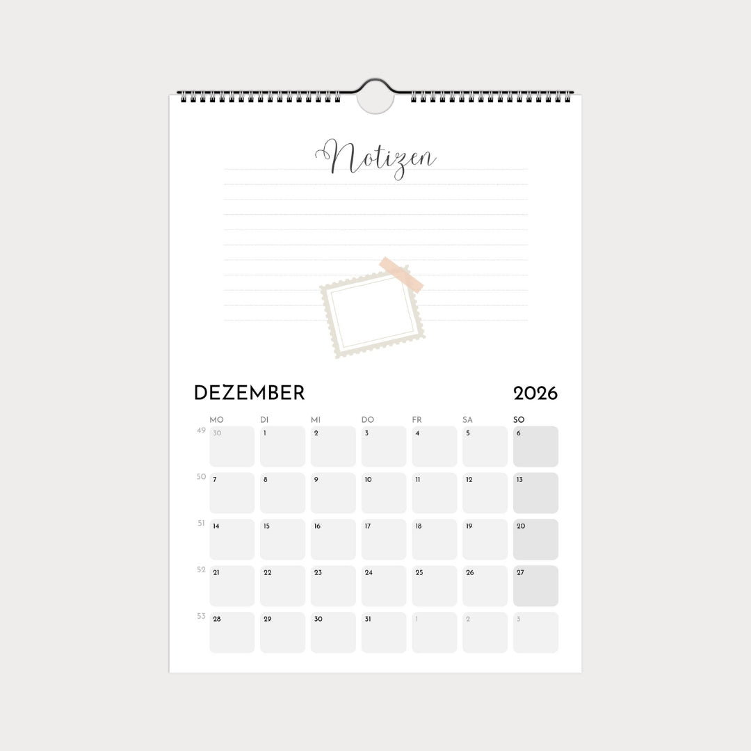 Schlichter Wandkalender  A4 – Schlicht & modern mit viel Platz zum Eintragen