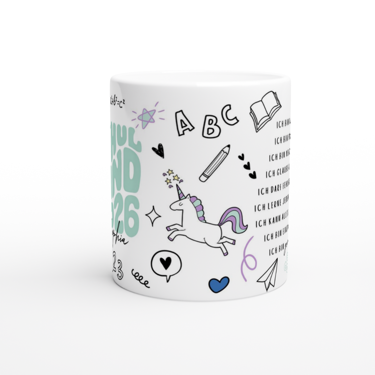 Schulkind Tasse Mint Einhorn mit Name