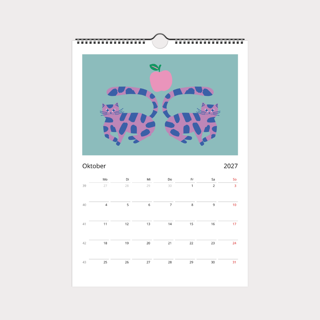 Katzenkalender 2027 – abstrakter A4 Wandkalender mit 12 modernen Katzenmotiven