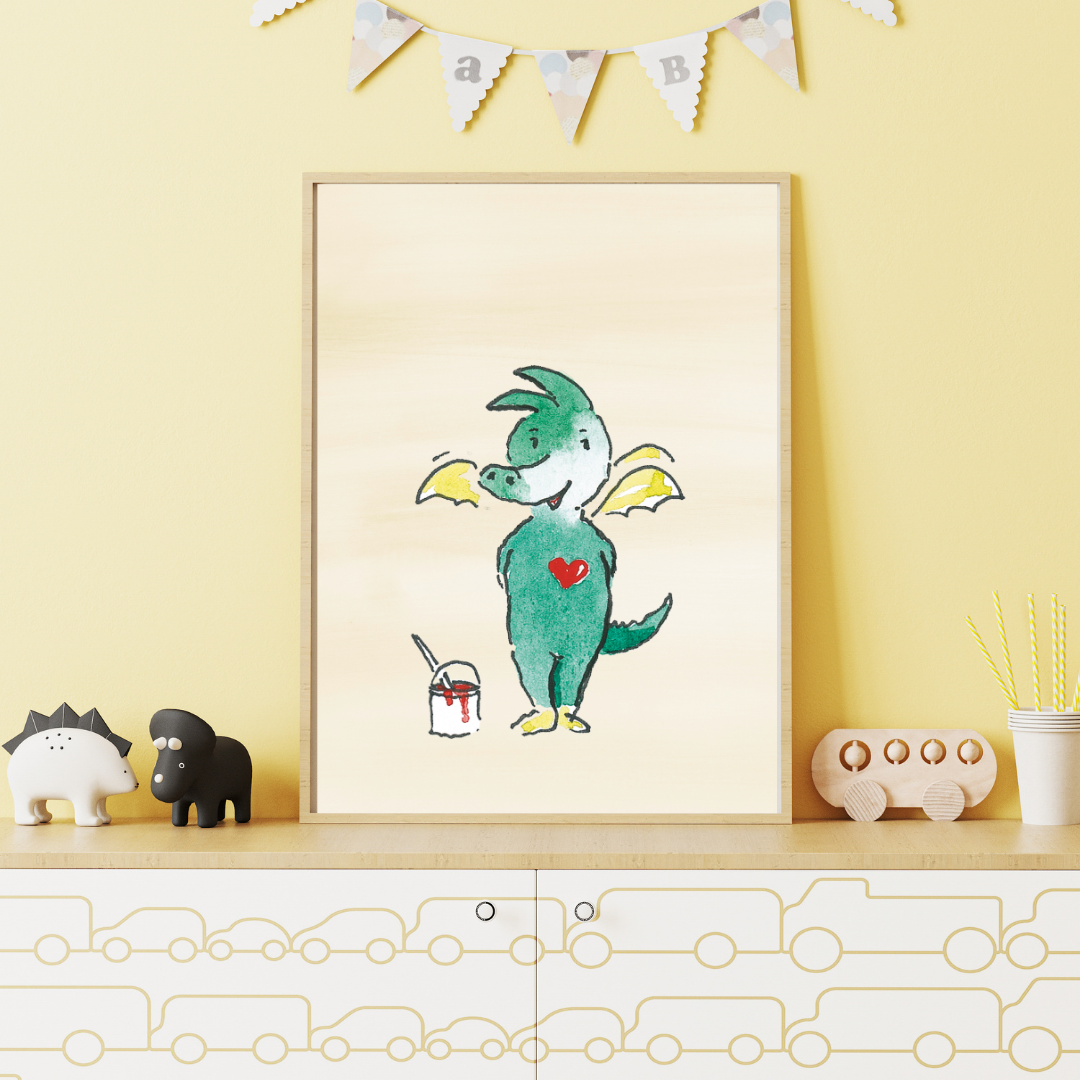 Poster Tabaluga mit Farbeimer & Herz