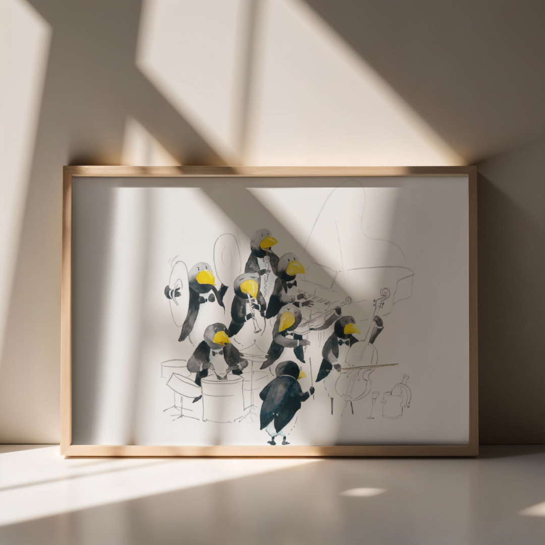 Poster TABALUGA Originalmotiv – Hingebungsvolles Pinguin-Orchester