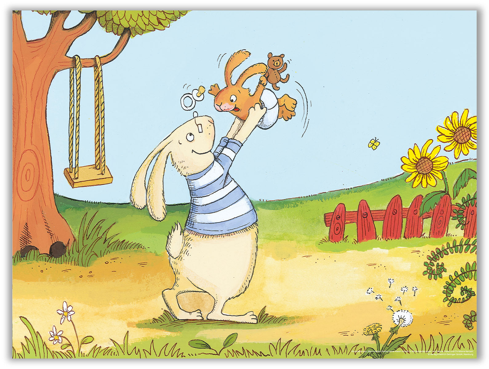 Poster Die sieben kleinen Hasen – Matti und Papa Hase spielen im Garten