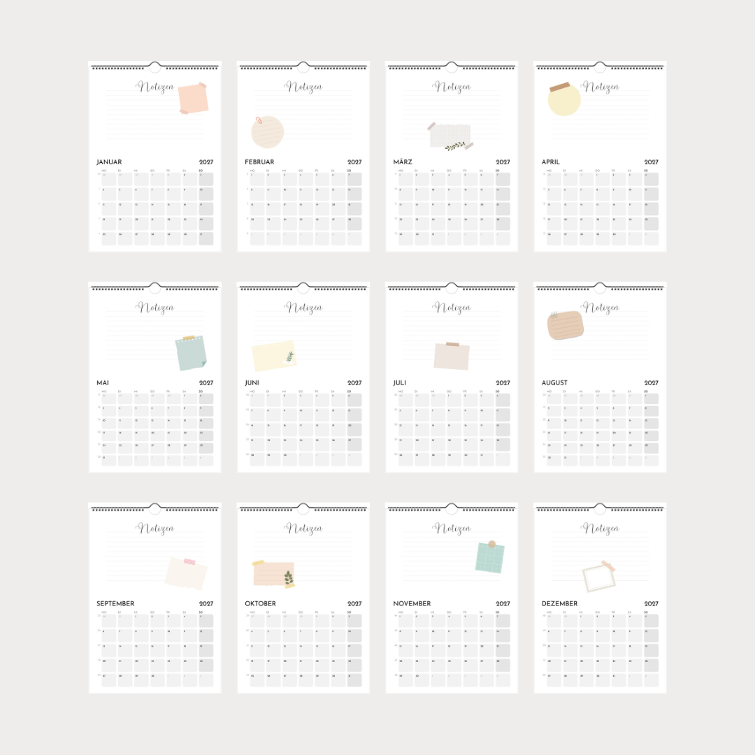 Schlichter Wandkalender A4 – Notizen