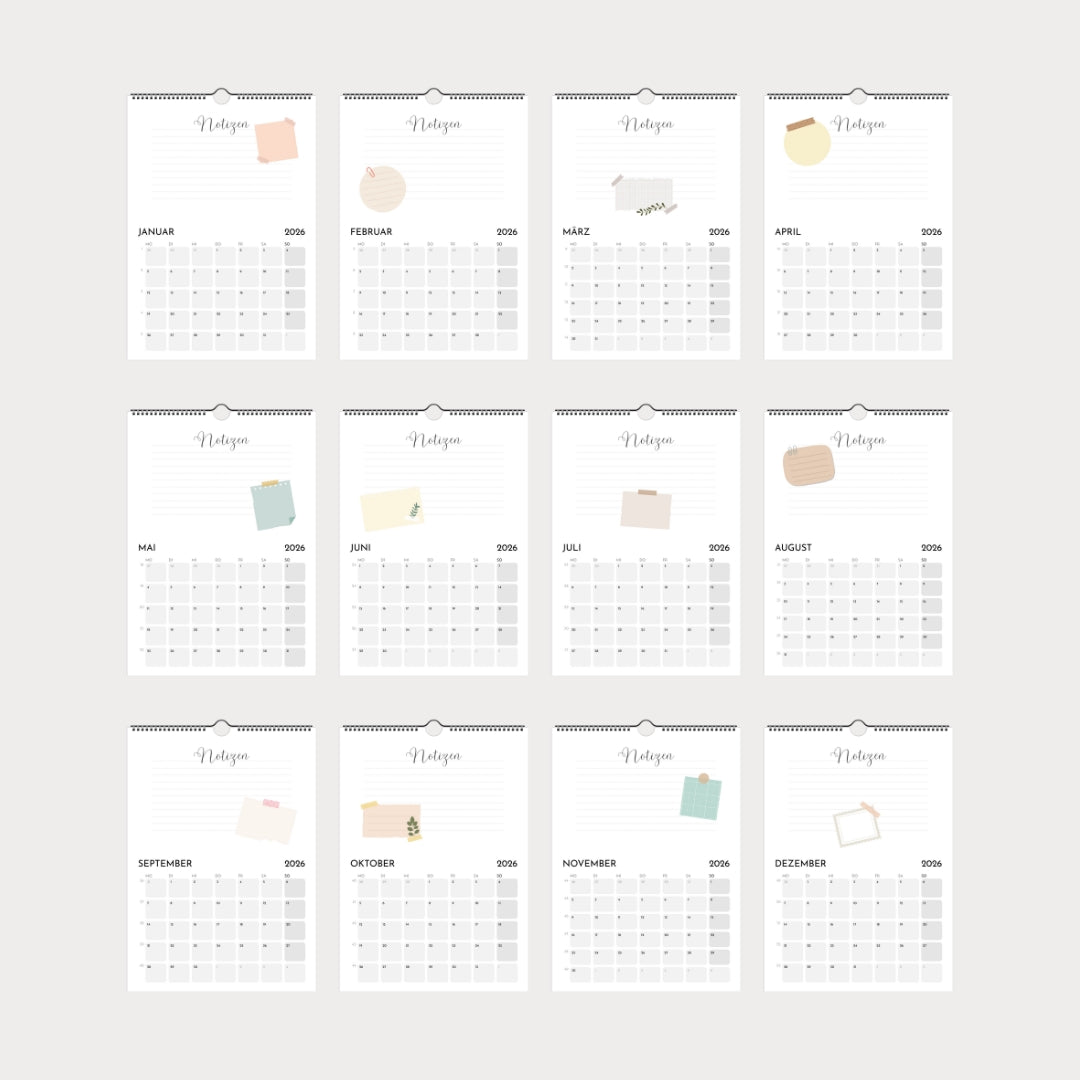 Schlichter Wandkalender  A4 – Schlicht & modern mit viel Platz zum Eintragen
