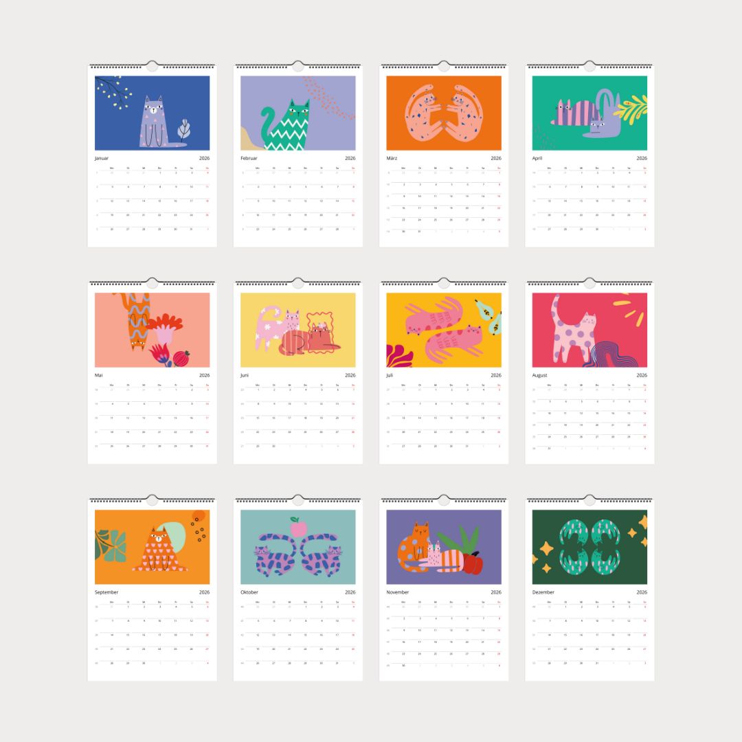 Katzenkalender 2026 – abstrakter A4 Wandkalender mit 12 modernen Katzenmotiven