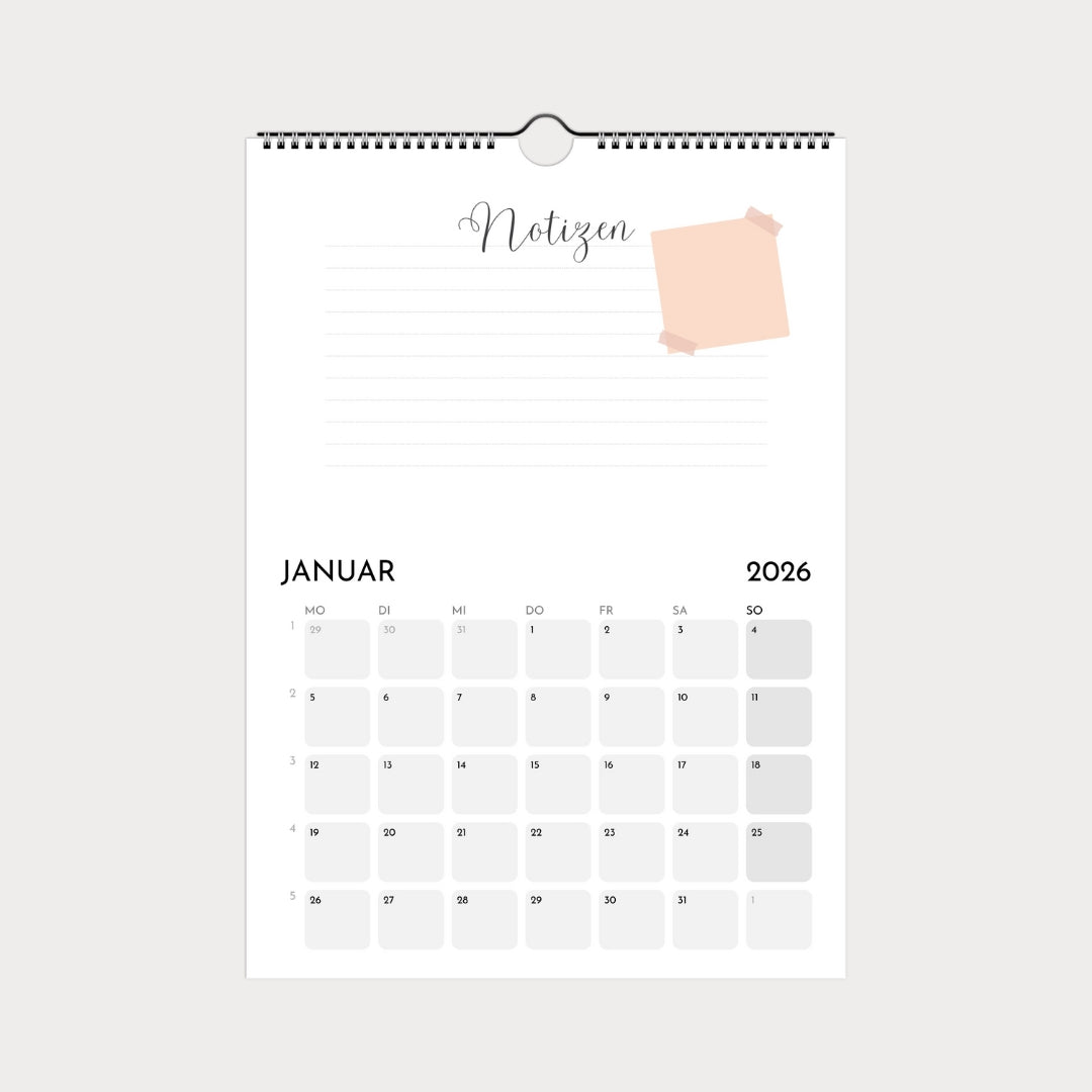 Schlichter Wandkalender  A4 – Schlicht & modern mit viel Platz zum Eintragen