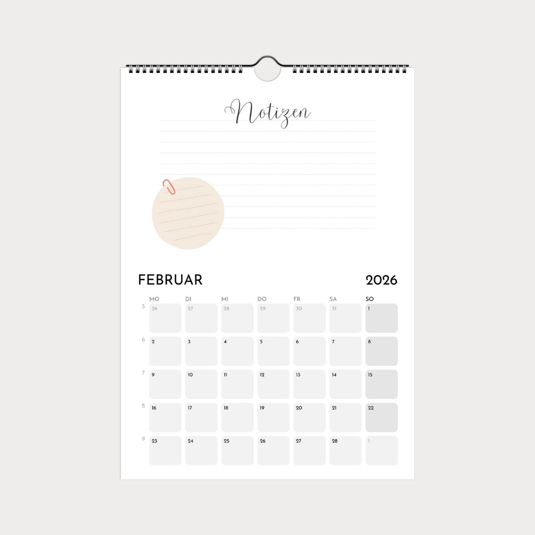 Schlichter Wandkalender  A4 – Schlicht & modern mit viel Platz zum Eintragen