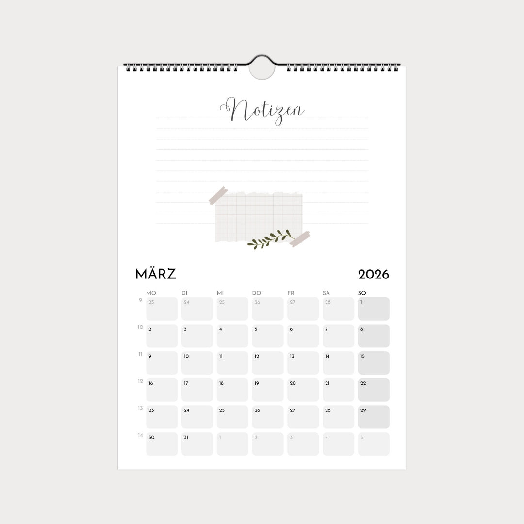 Schlichter Wandkalender  A4 – Schlicht & modern mit viel Platz zum Eintragen