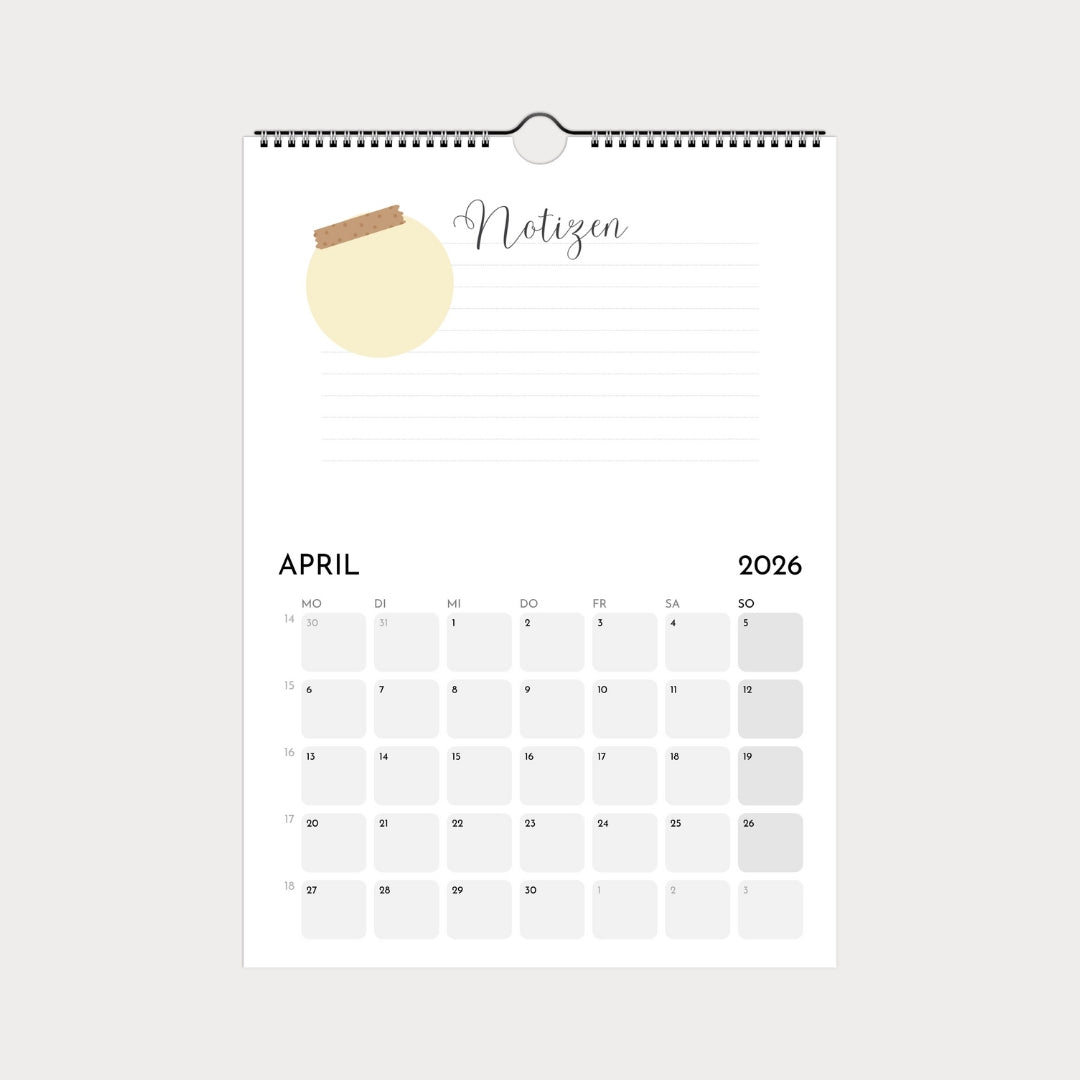 Schlichter Wandkalender  A4 – Schlicht & modern mit viel Platz zum Eintragen
