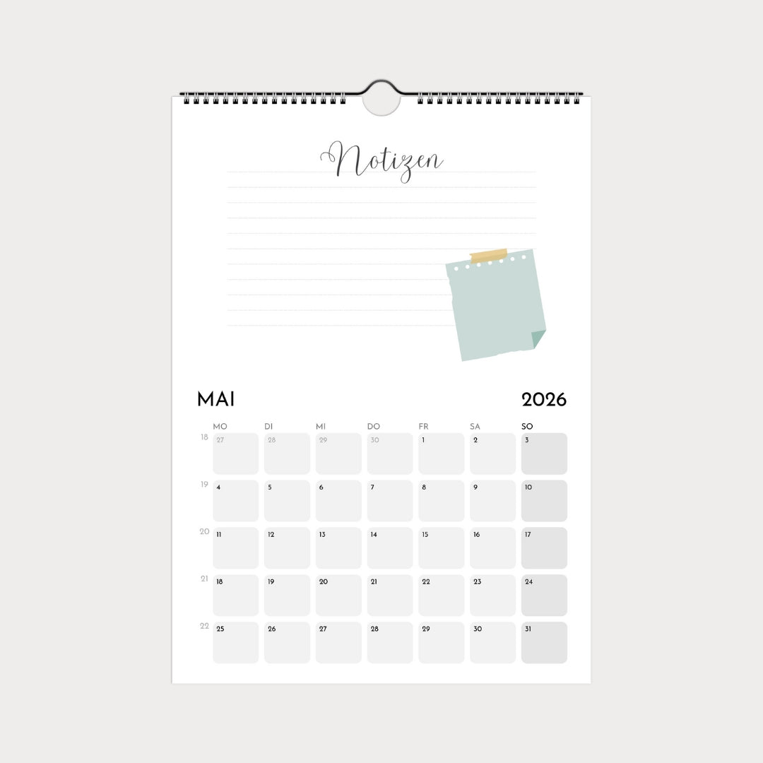 Schlichter Wandkalender  A4 – Schlicht & modern mit viel Platz zum Eintragen