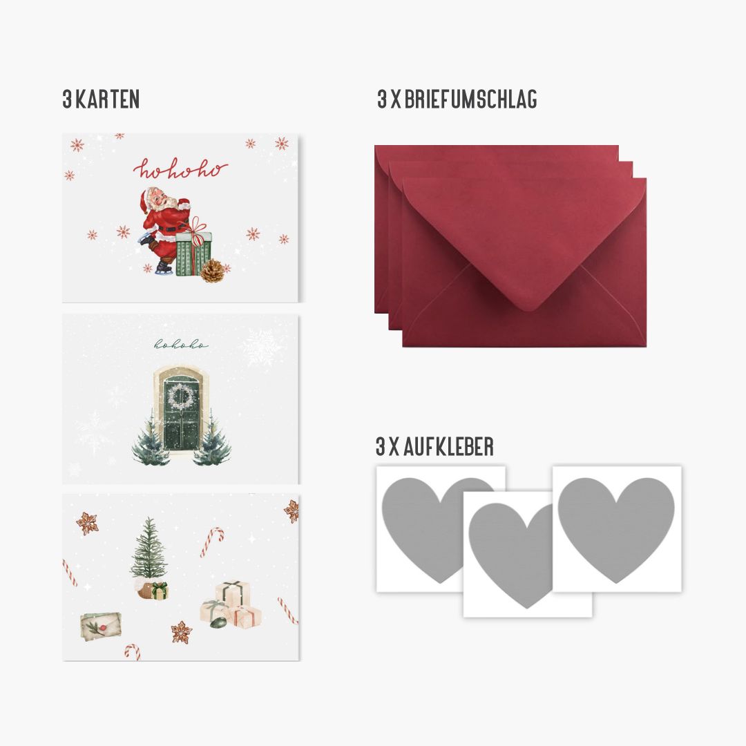 Rubbelkarten Weihnachten – 3er Set mit Bordeaux Umschlägen & Rubbelstickern