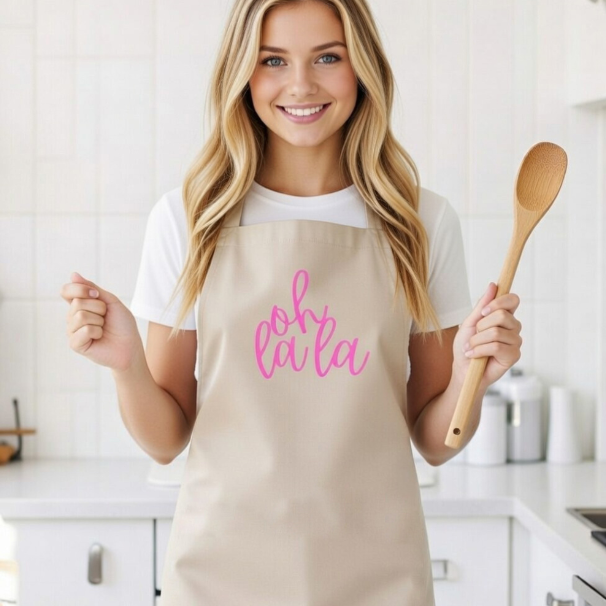 Oh La La Schürze Unisex – Beige / Pink