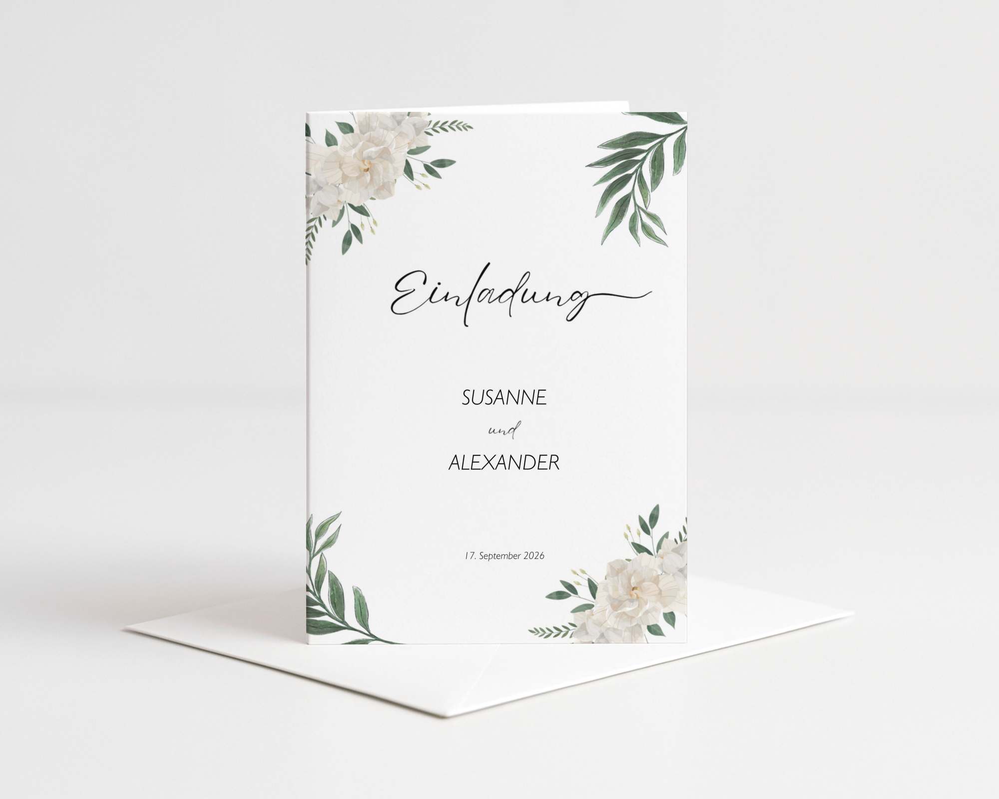 Einladungskarten Hochzeit – Florales Design mit weißen Blüten personalisierbar - 10 Stück