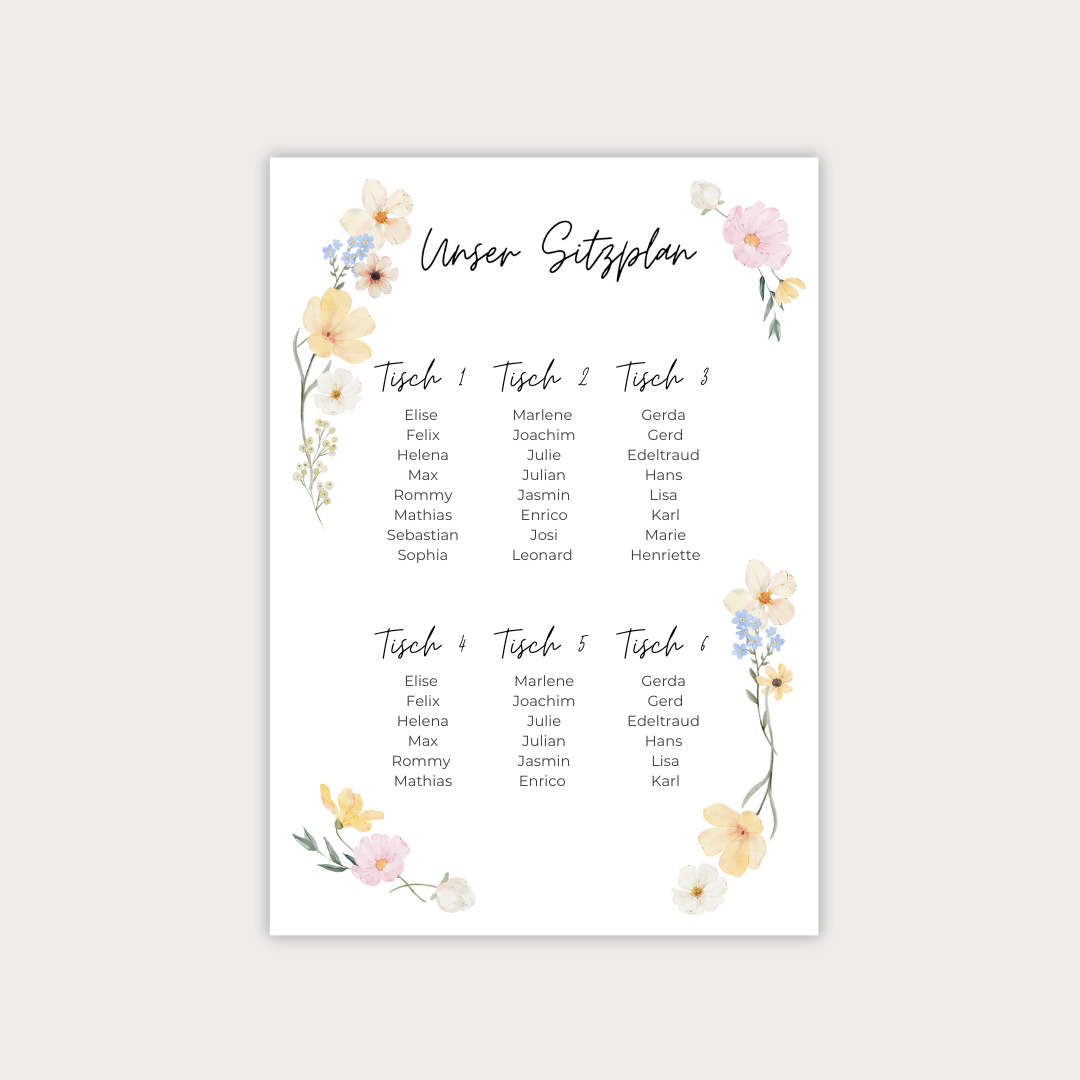 Hochzeit Sitzplan Floral Blumig Bunt (Download)