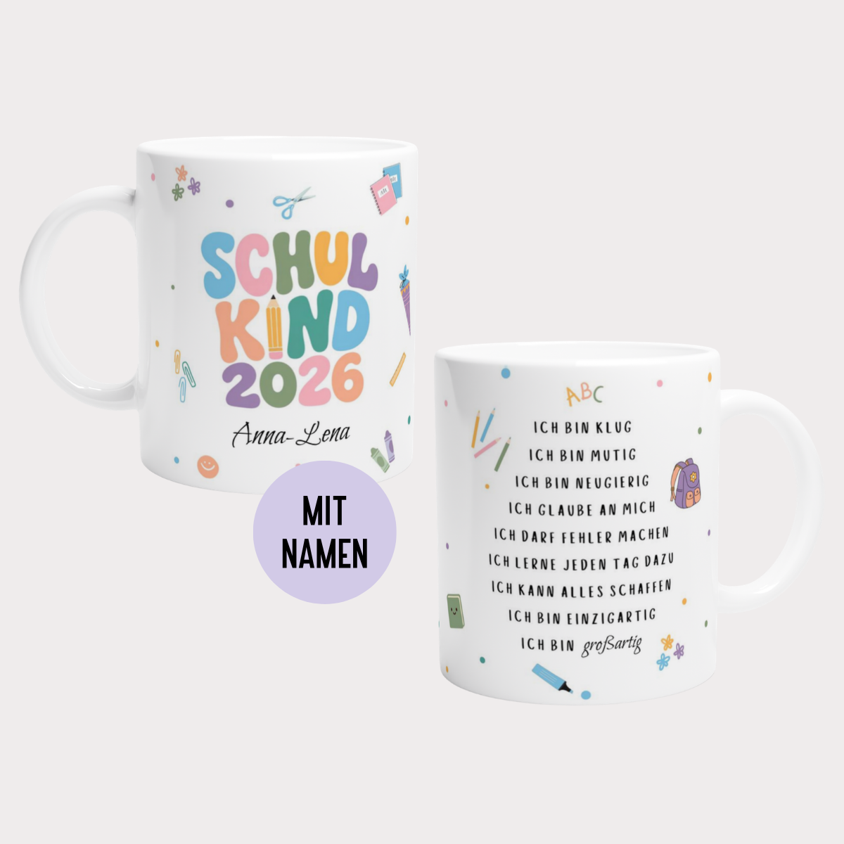 Tasse Schulkind Bunt 2026 mit Namen