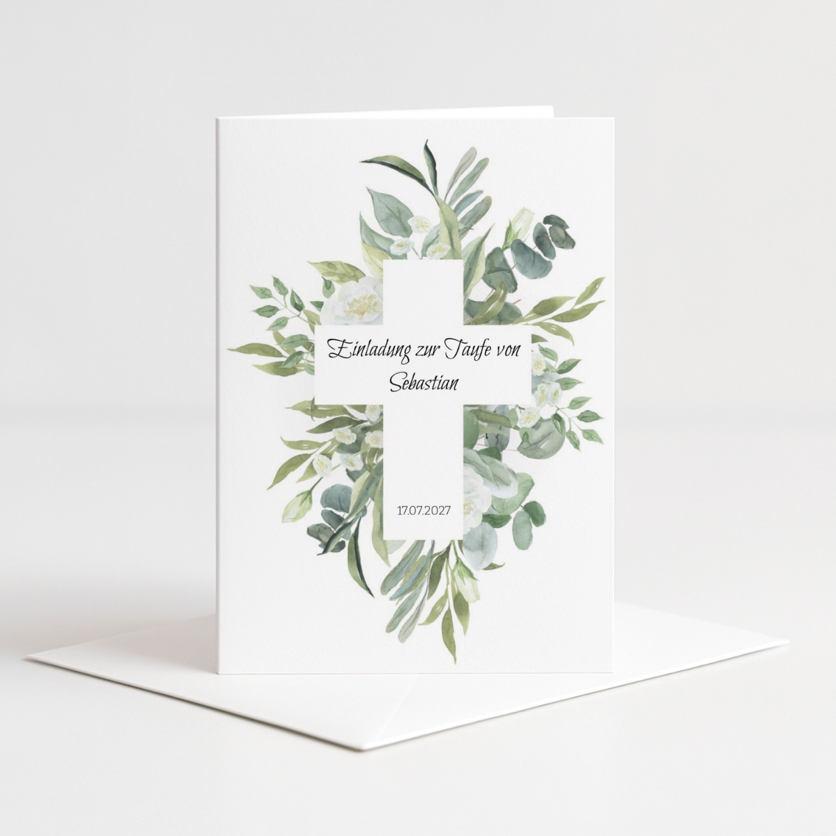 Personalisierte Einladungskarten Taufe mit Kreuz & Eukalyptus – 10 Stück