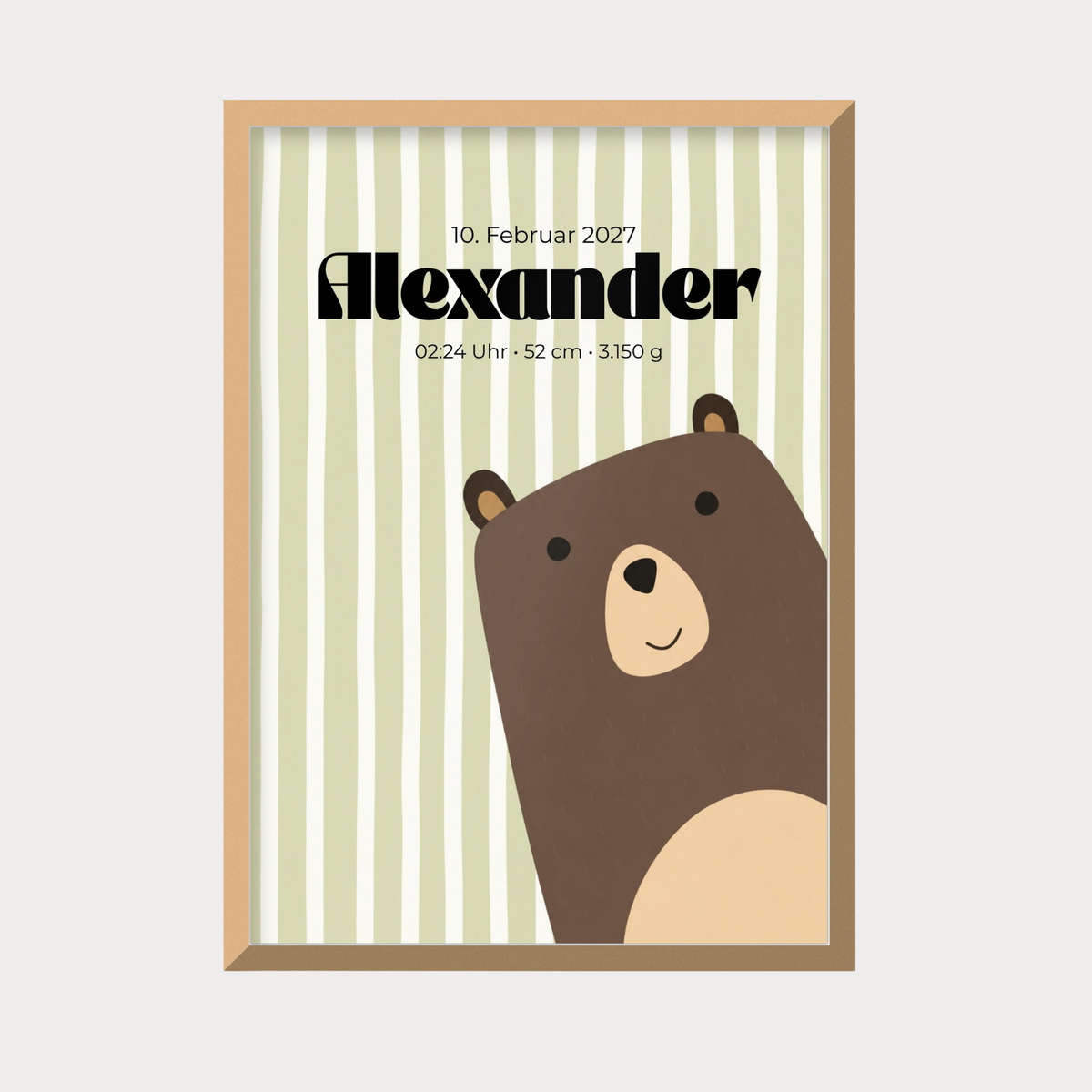 Personalisiertes Geburtsposter Bär mit Name & Geburtsdaten – Babyposter Salbeigrün
