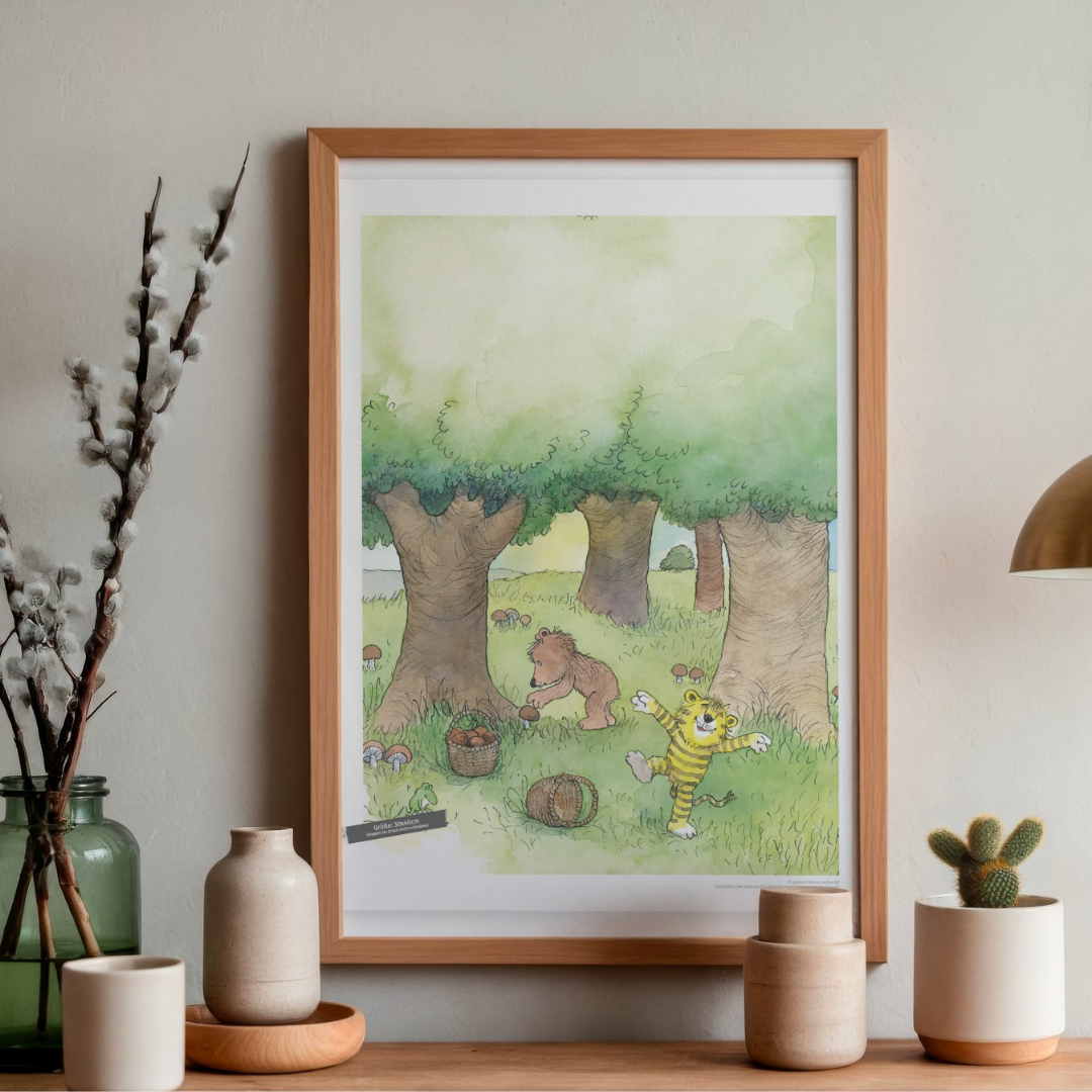 Poster Janosch Vergnügtes Pilzesuchen im Wald