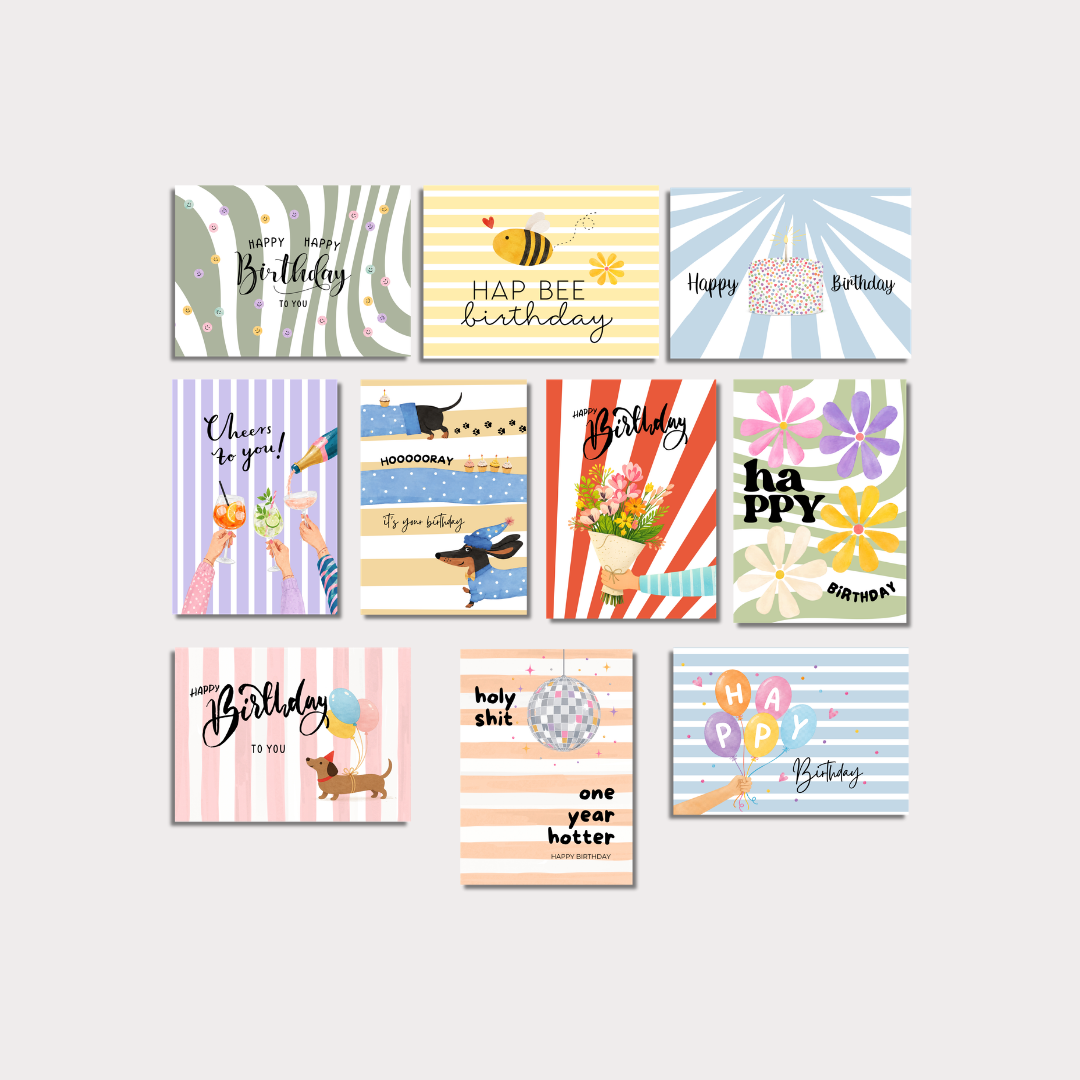Glückwunschkarten Happy Birthday bunt Set 10 Stück mit Umschlägen