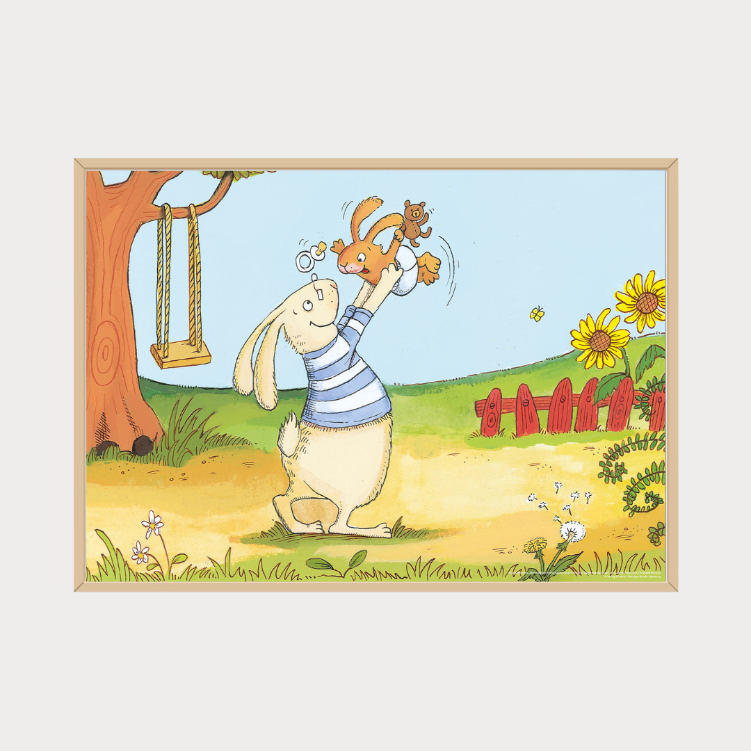 Poster Die sieben kleinen Hasen – Matti und Papa Hase spielen im Garten